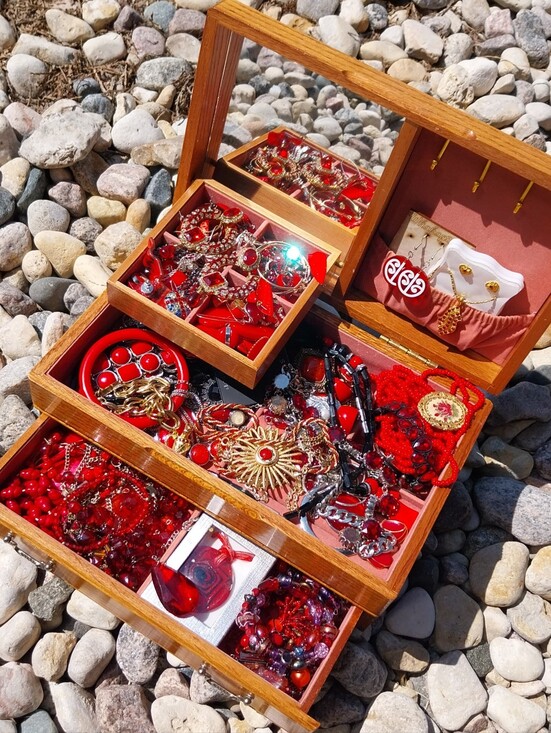 Jewelry - Vintage Jewelry Box Filled with Red Costume Jewelry